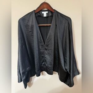 H&M Black Satin V-Neck Kimono Cropped Blouse Loose Black Oversized Satin Top